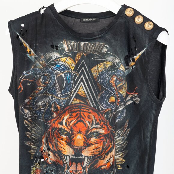 Balmain Black Cotton Distressed 3-Button Graphic Tank - Picture 4 of 11